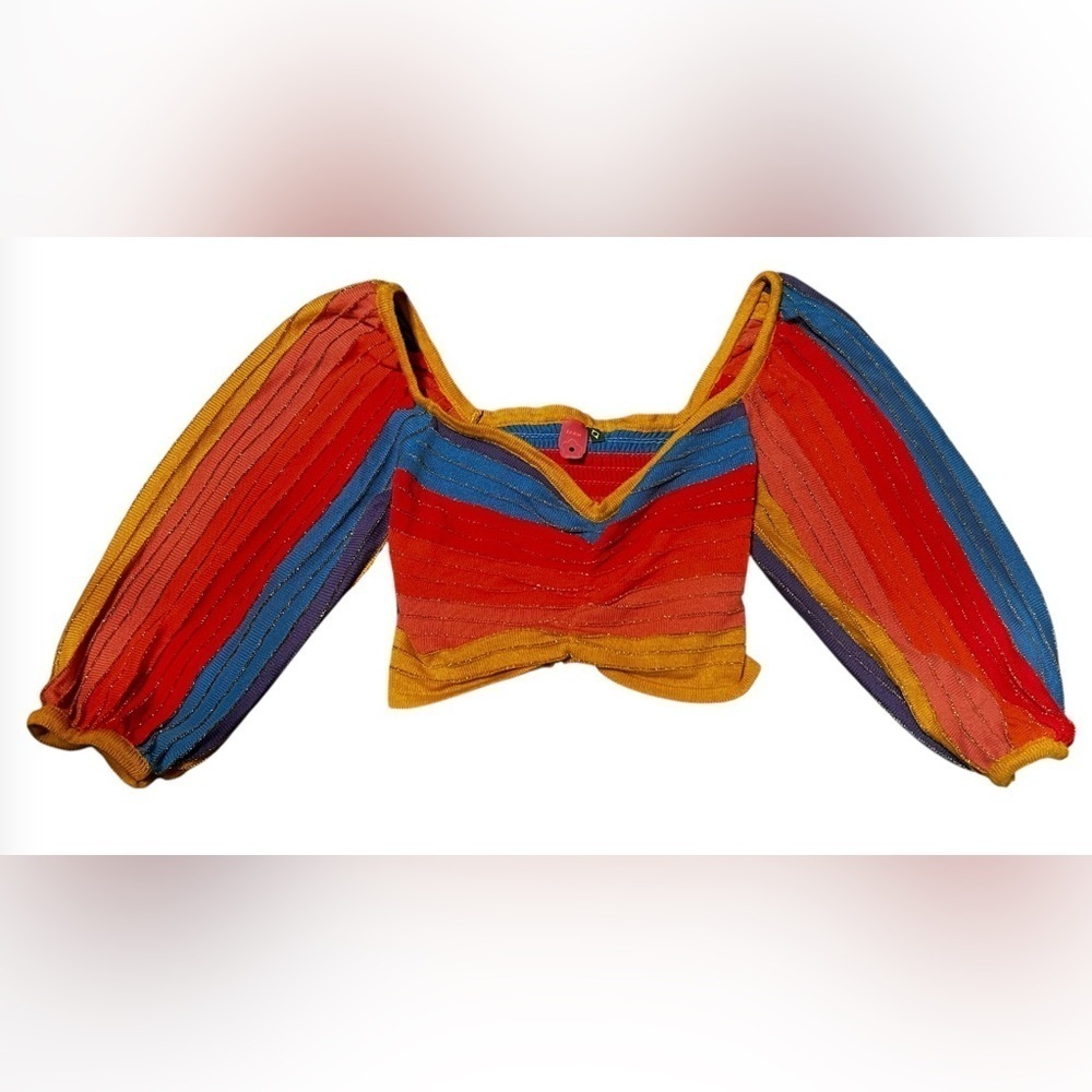 Farm Rio Rainbow Stripe Ruched Crop Top Blouse Puffy Sleeve